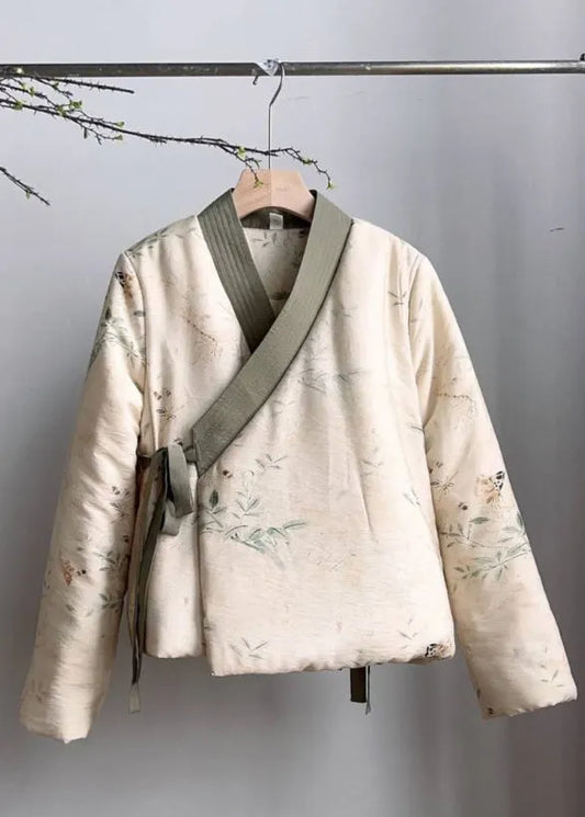 Beige V Neck Lace Up Fine Cotton Filled Coats Spring