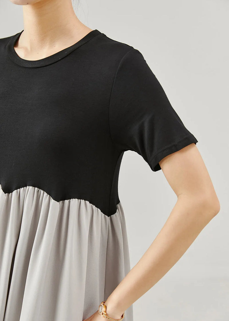Colorblock O-neck Patchwork Cotton a Line Dresses Summer