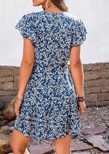 Blue V Neck Print Chiffon Dress Butterfly Sleeve