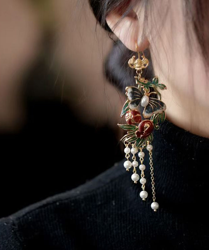 Gold Sterling Silver Overgild Pearl Butterfly Tassel Drop Earrings