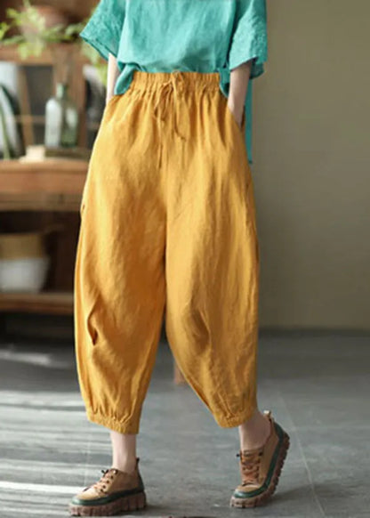 Natural Yellow Elastic Waist Pockets Linen Crop Pants Summer