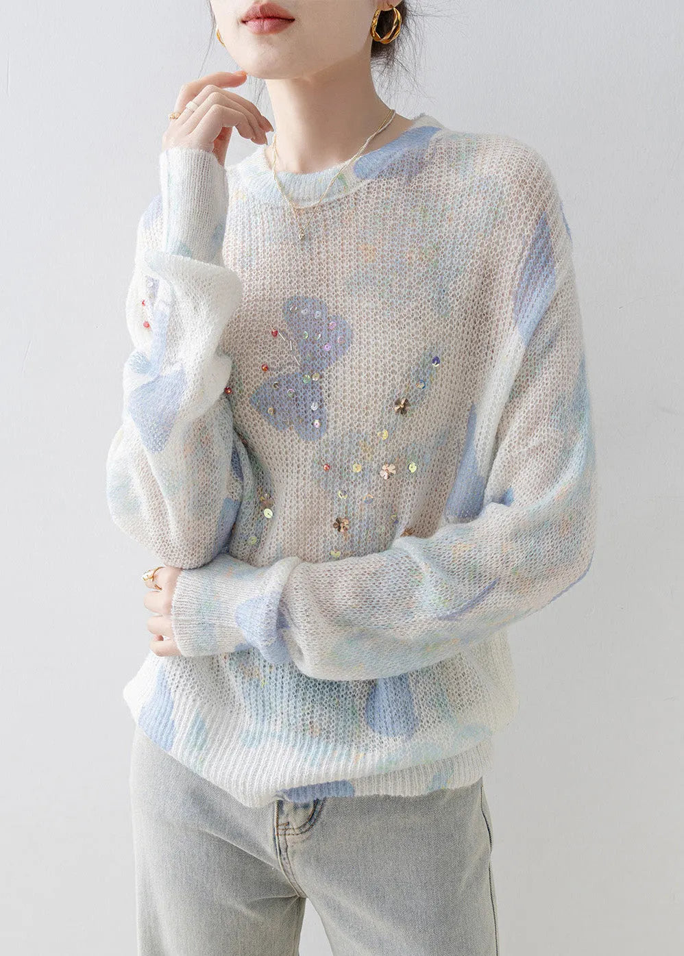 New Stylish O Neck Sequins Knit Top Spring