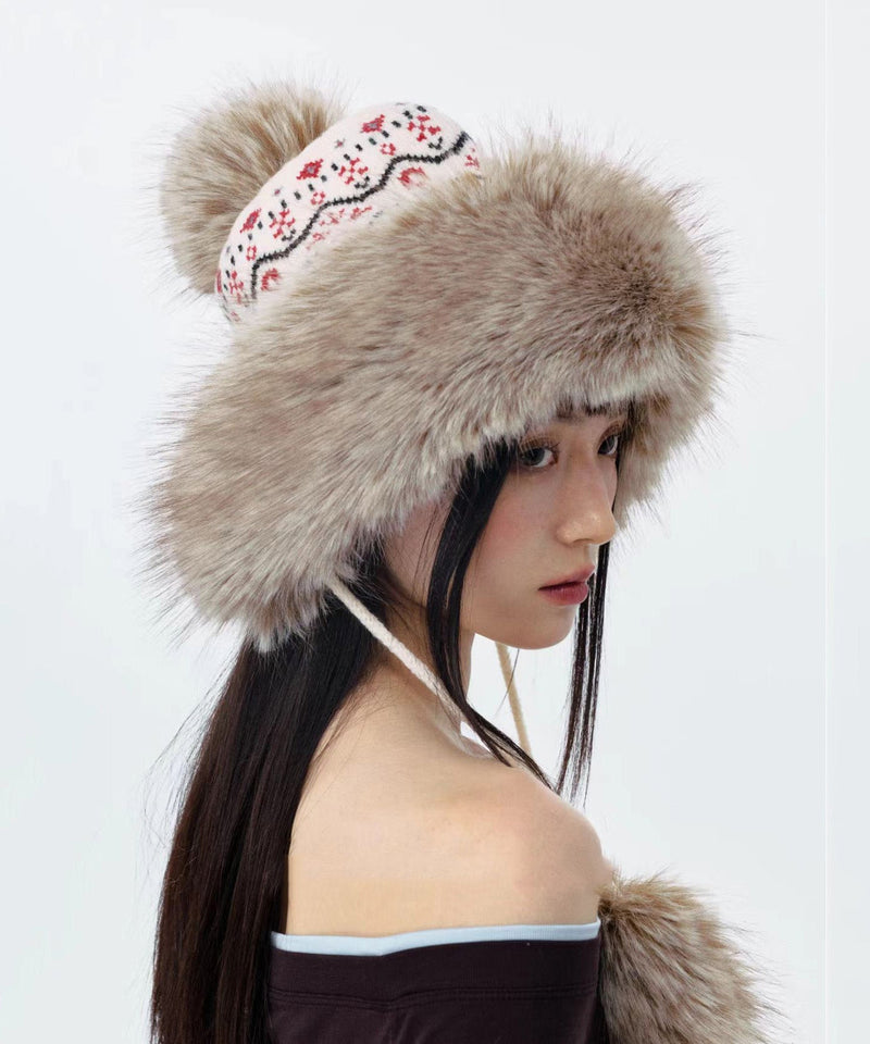 Jacquard Knitted Thick Warm Fleece Fur Boonie Hat