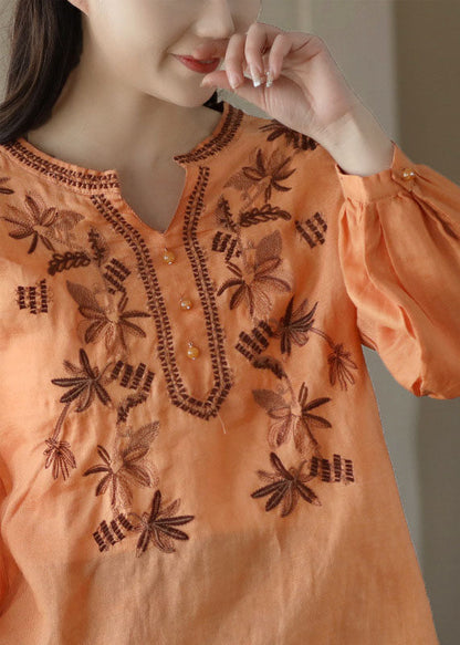 Orange Embroidered Wrinkled Patchwork Linen T Shirt Spring