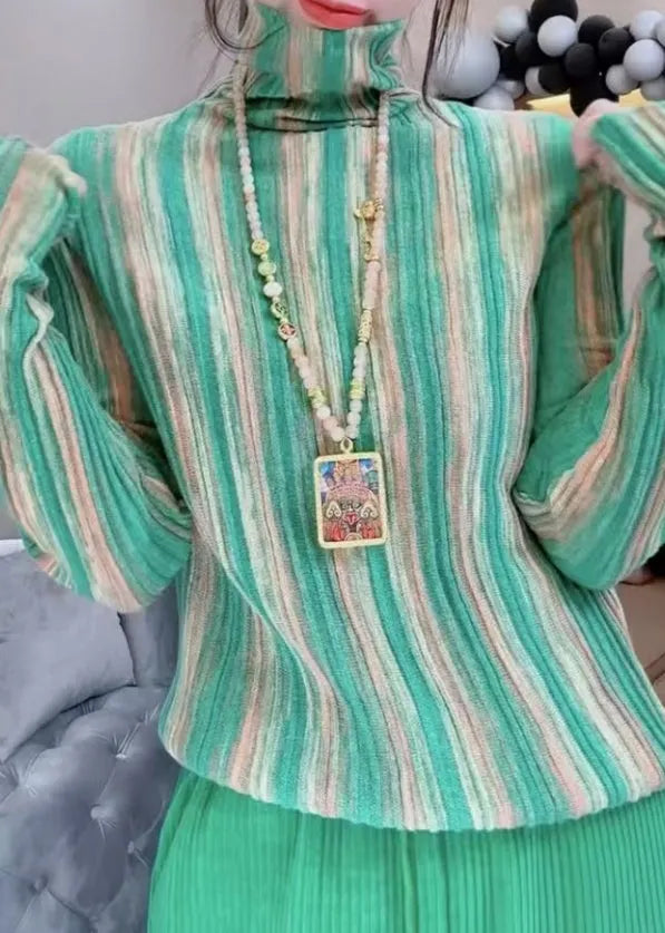 Green Hign Neck Striped Knit Blouse Tops Spring