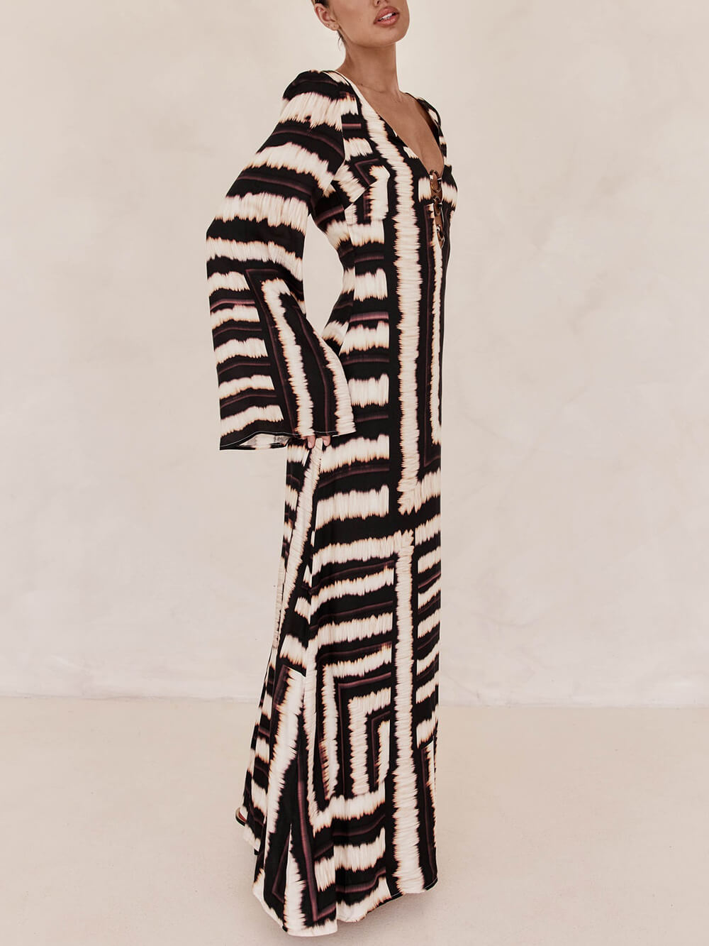 V-neckline Unique Printed V Tie Ring Maxi Dress