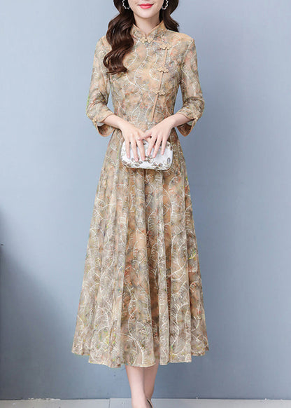 Khaki Print Exra Large Hem Lace Oriental Dresses Spring