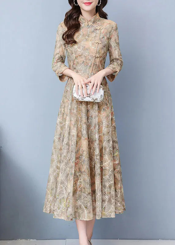 Khaki Print Exra Large Hem Lace Oriental Dresses Spring