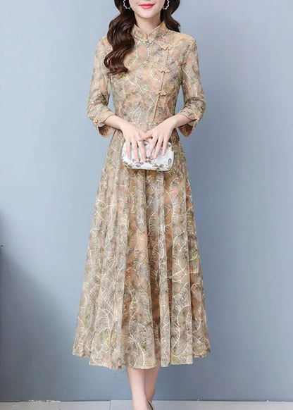 Khaki Print Exra Large Hem Lace Oriental Dresses Spring