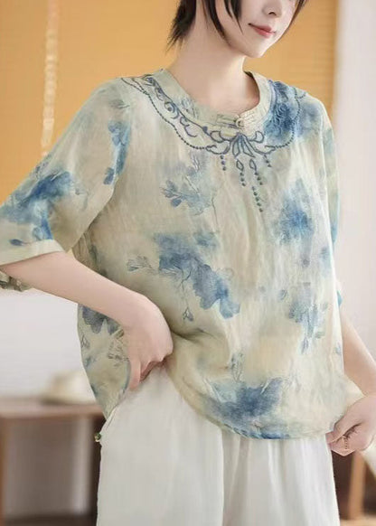 Art Blue Mandarin Collar Print Linen Top Summer
