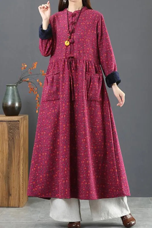 -winter Thick Plush Retro Cotton Linen Dress