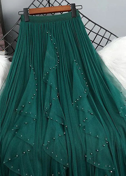 Green Nail Bead Patchwork Elastic Waist Tulle Maxi Skirt