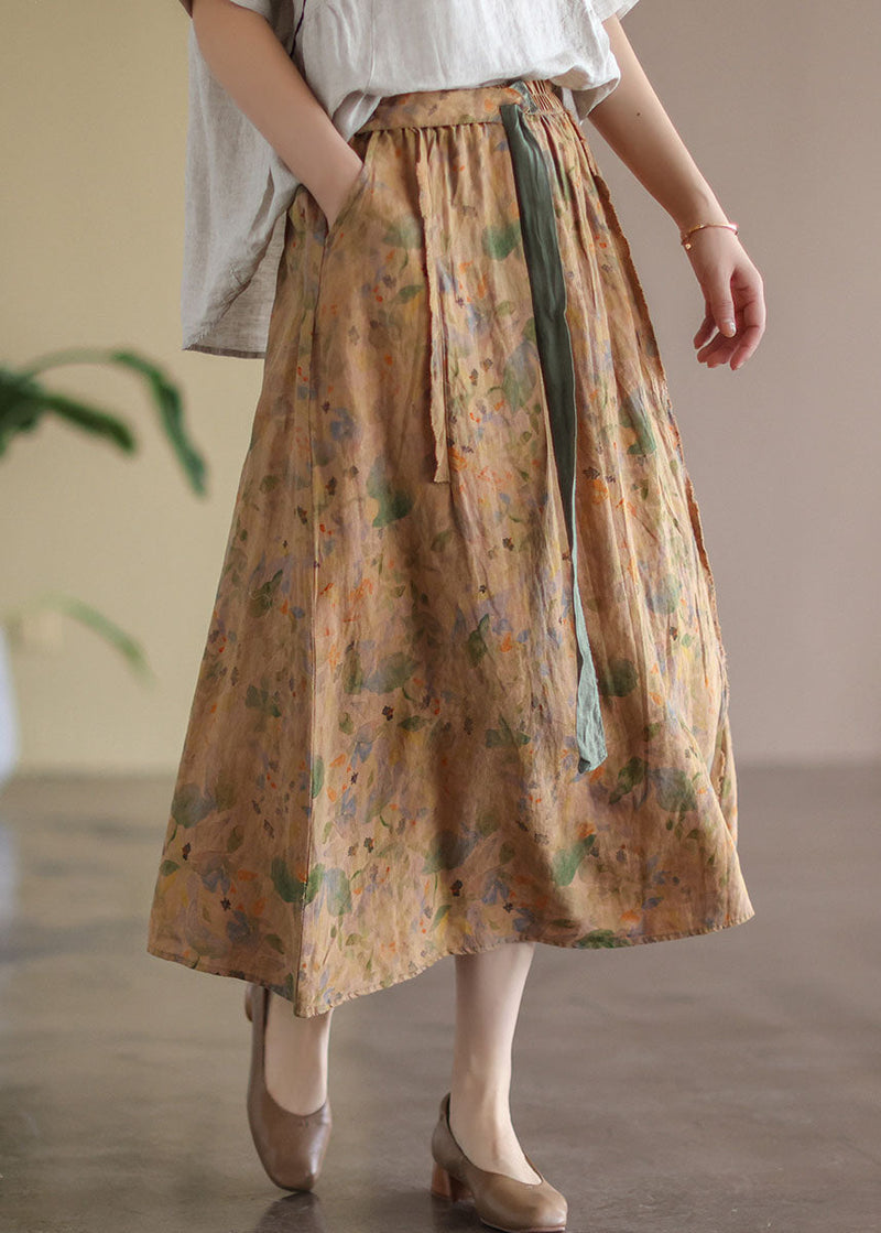 Khaki Elastic Waist Print Linen Skirt Spring