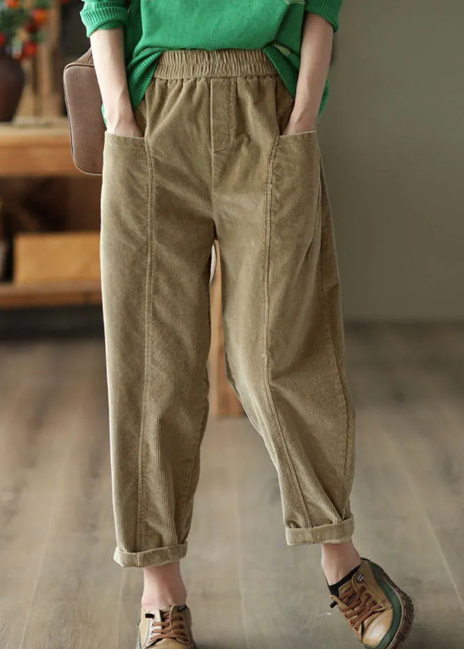 Black Elastic Waist Patchwork Pockets Corduroy Pants Spring