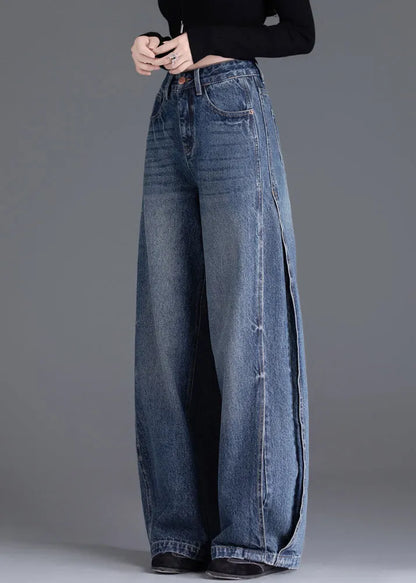 Italian Blue Oversized Warm Fleece Denim Wide Leg Pants Winter