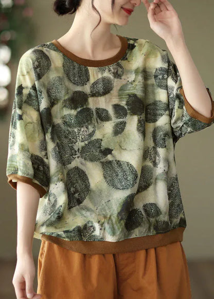 Green O Neck Print Patchwork Linen T Shirt Tops Summer