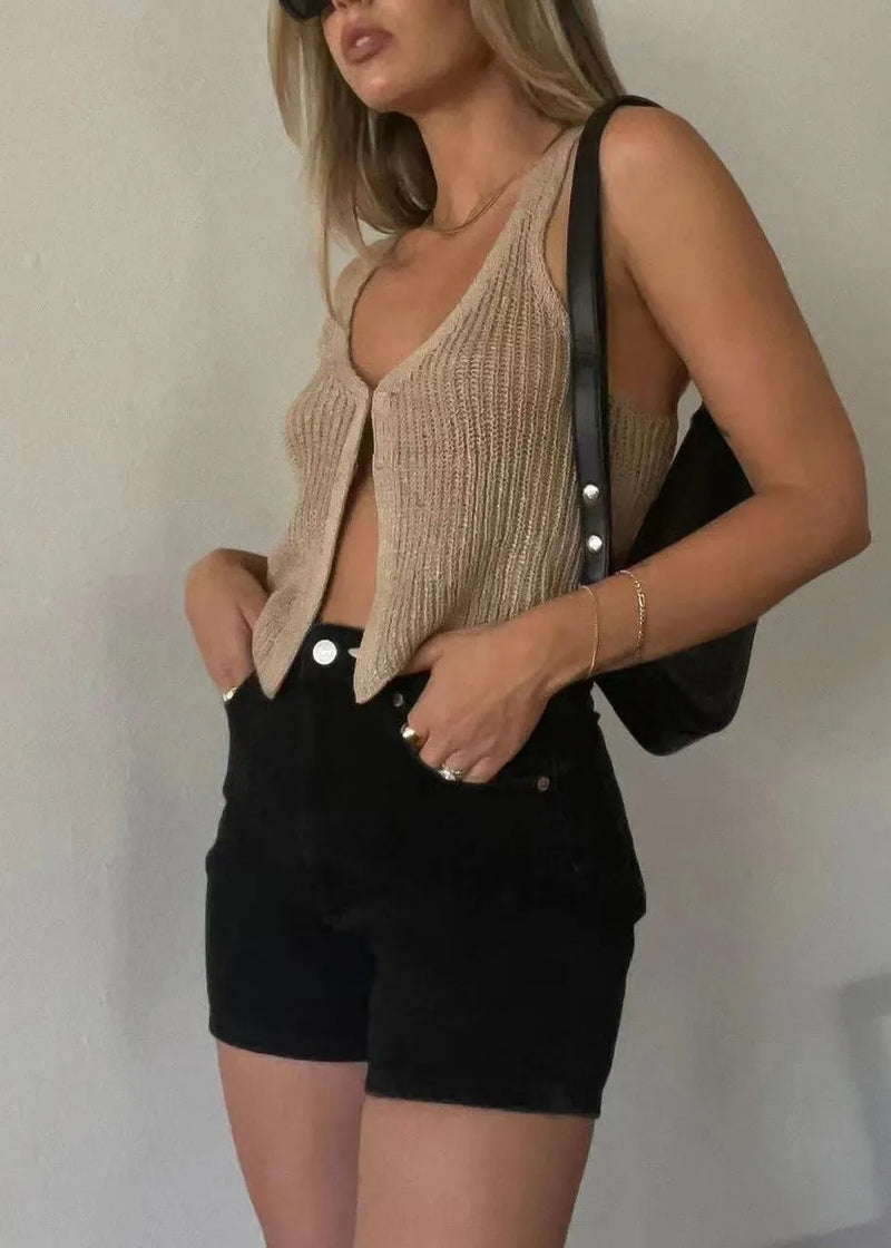 New Khaki V Neck Knit Cardigan Sleeveless