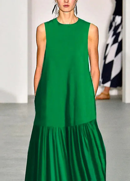 Simple Green O-neck Patchwork Maxi Dresses Sleeveless