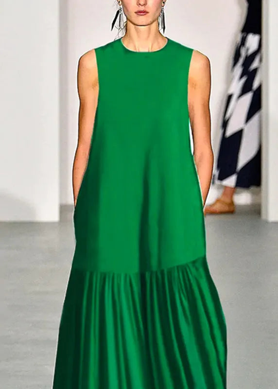 Simple Green O-neck Patchwork Maxi Dresses Sleeveless