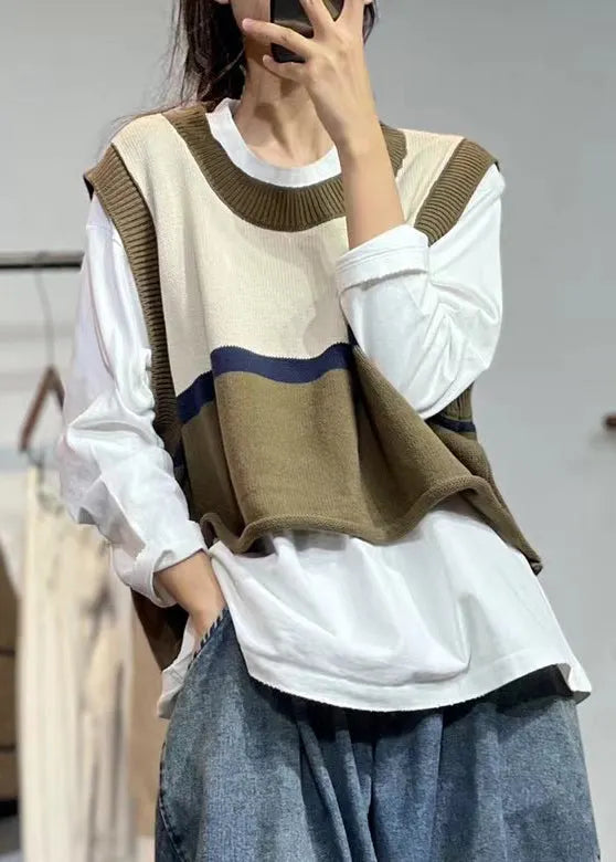 Beige O Neck Patchwork Cotton Knit Waistcoat Sleeveless