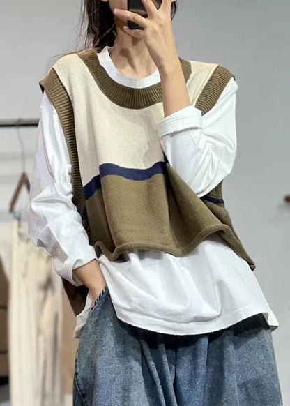 Beige O Neck Patchwork Cotton Knit Waistcoat Sleeveless