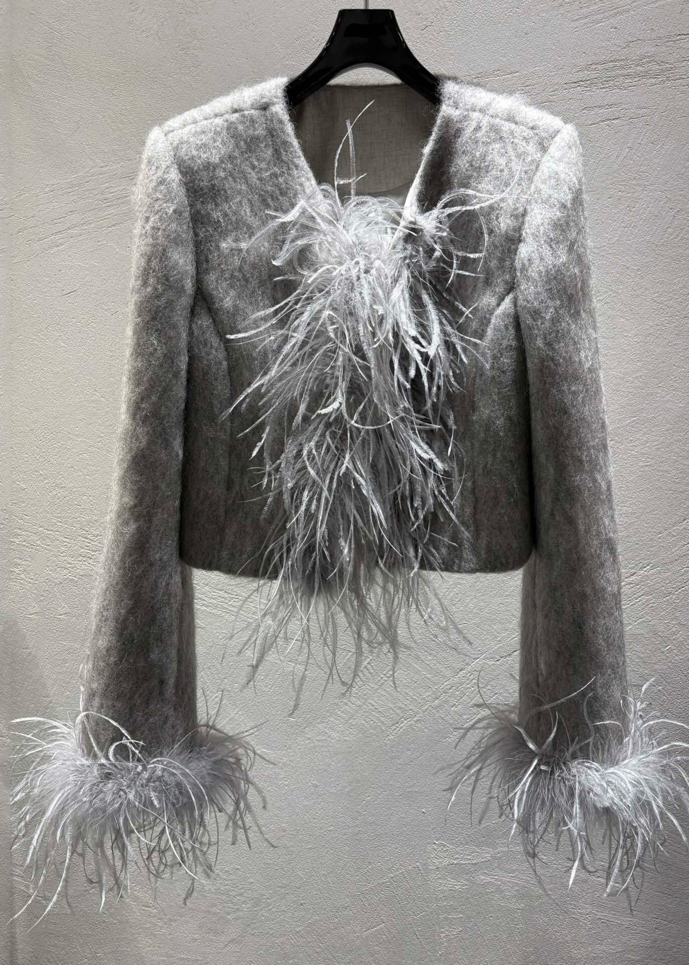 Grey Feather Patchwork Wool Coats Winter