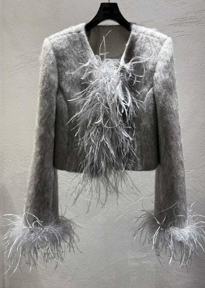 Grey Feather Patchwork Wool Coats Winter