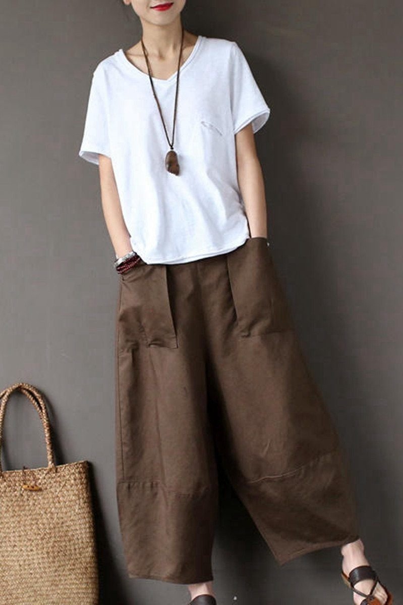 Coffee Loose Cotton Linen Ankle Length Pants Outfits