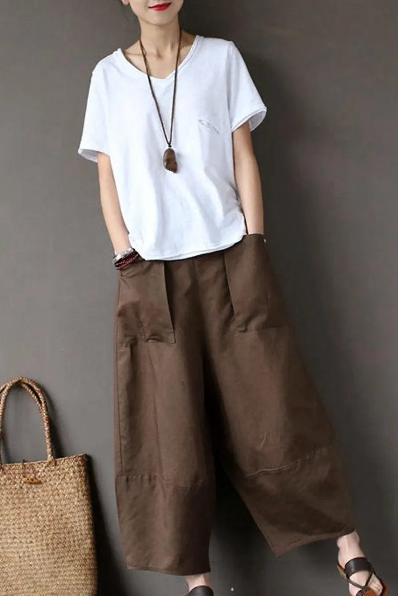 Coffee Loose Cotton Linen Ankle Length Pants Outfits