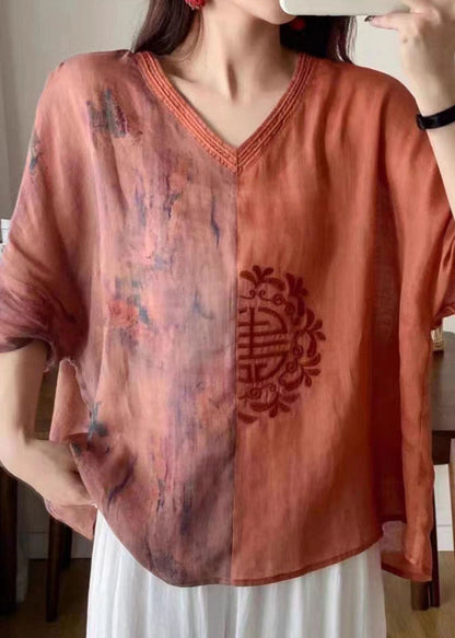Orange V Neck Embroidered Print Patchwork Linen Shirt Tops Summer