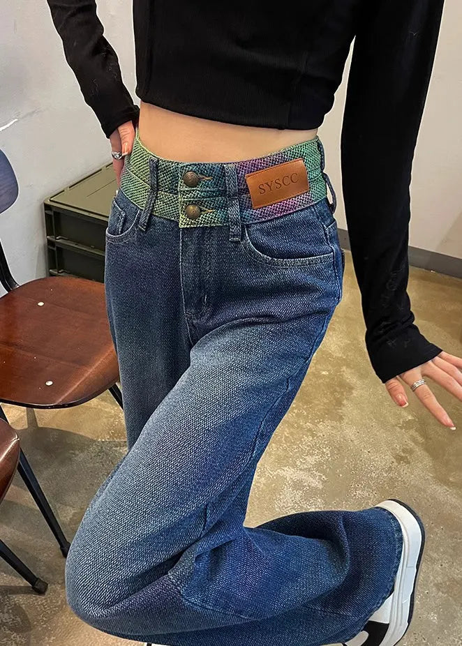 Black High Waist Patchwork Denim Straight Pants Spring