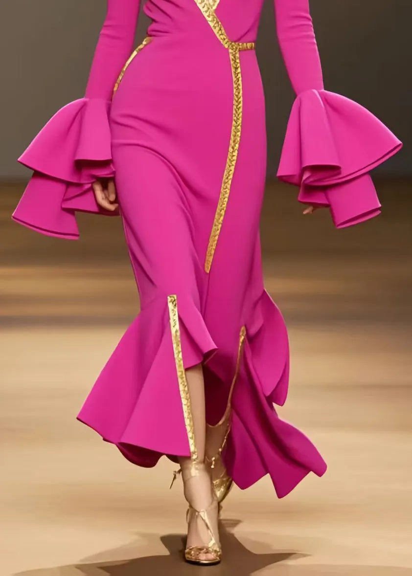 French Rose Asymmetrical Chiffon Party Dress Flare Sleeve
