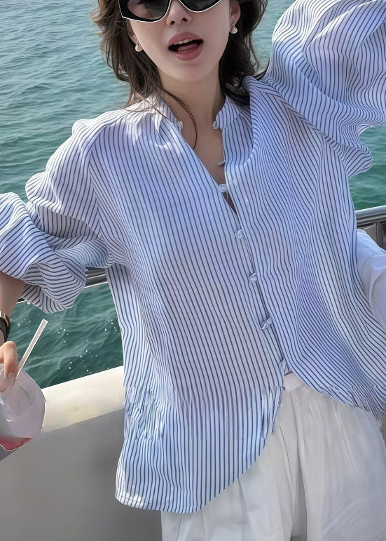 Art Blue Striped Side Open Cotton Blouses Lantern Sleeve