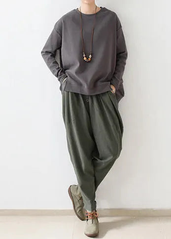 Autumn Tea Green Linen Pants Oversized Cotton Harem Pants Trousers
