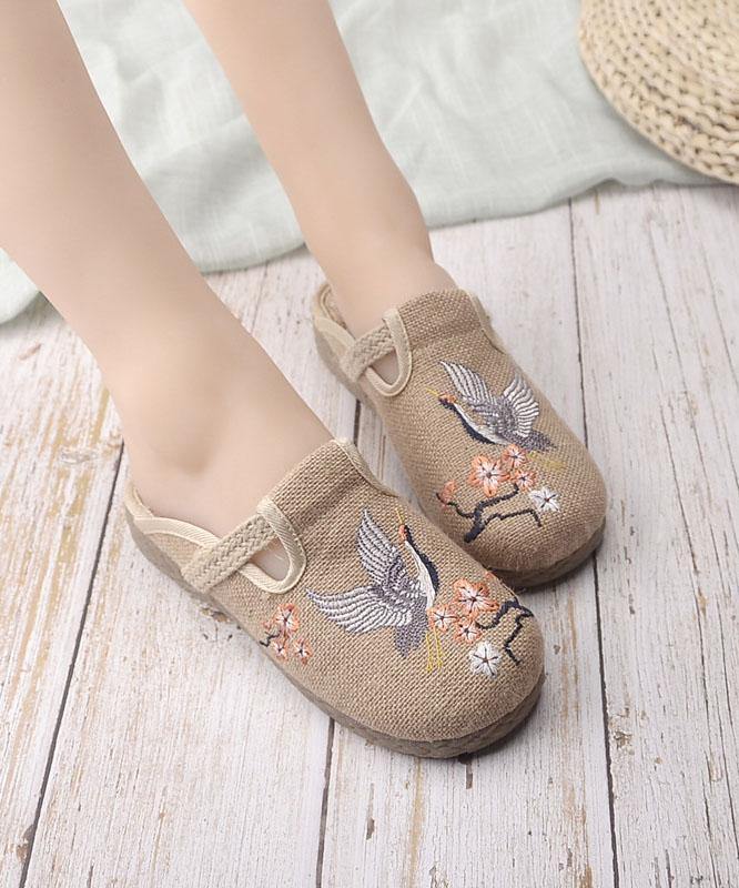 Khaki Embroidered Linen Fabric Slippers Shoes