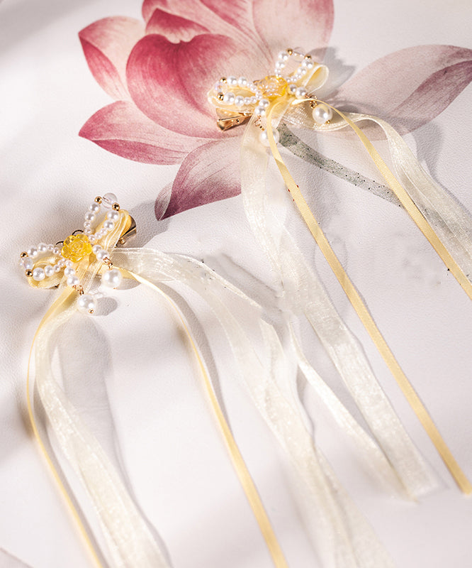 Yellow Copper Alloy Chiffon Pearl Colored Glaze Ribbon Kids Hairpin