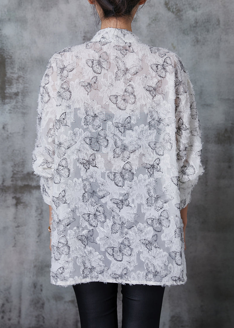 White Tasseled Butterfly Chiffon Shirt Fall