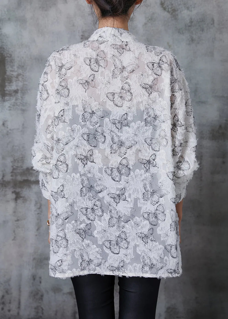 White Tasseled Butterfly Chiffon Shirt Fall
