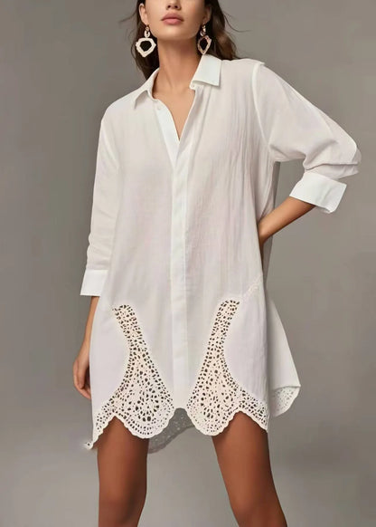 Simple White Peter Pan Collar Patchwork Lace Long Shirts Spring
