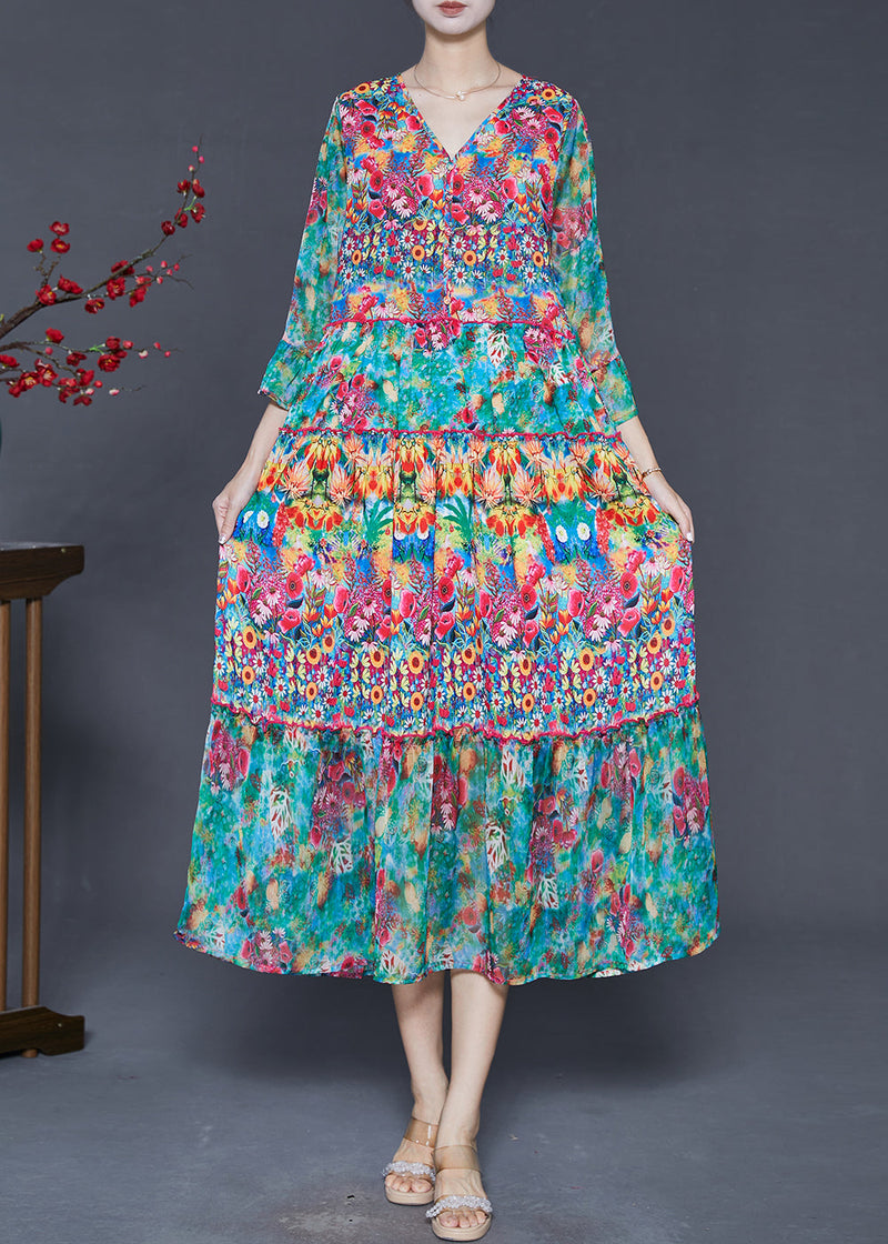 Green Print Chiffon Tea Dresses Bracelet Sleeve