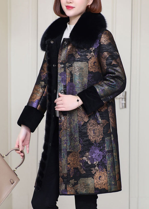 Loose Purple Fur Collar Pockets Leathe and Fur Coats Spring