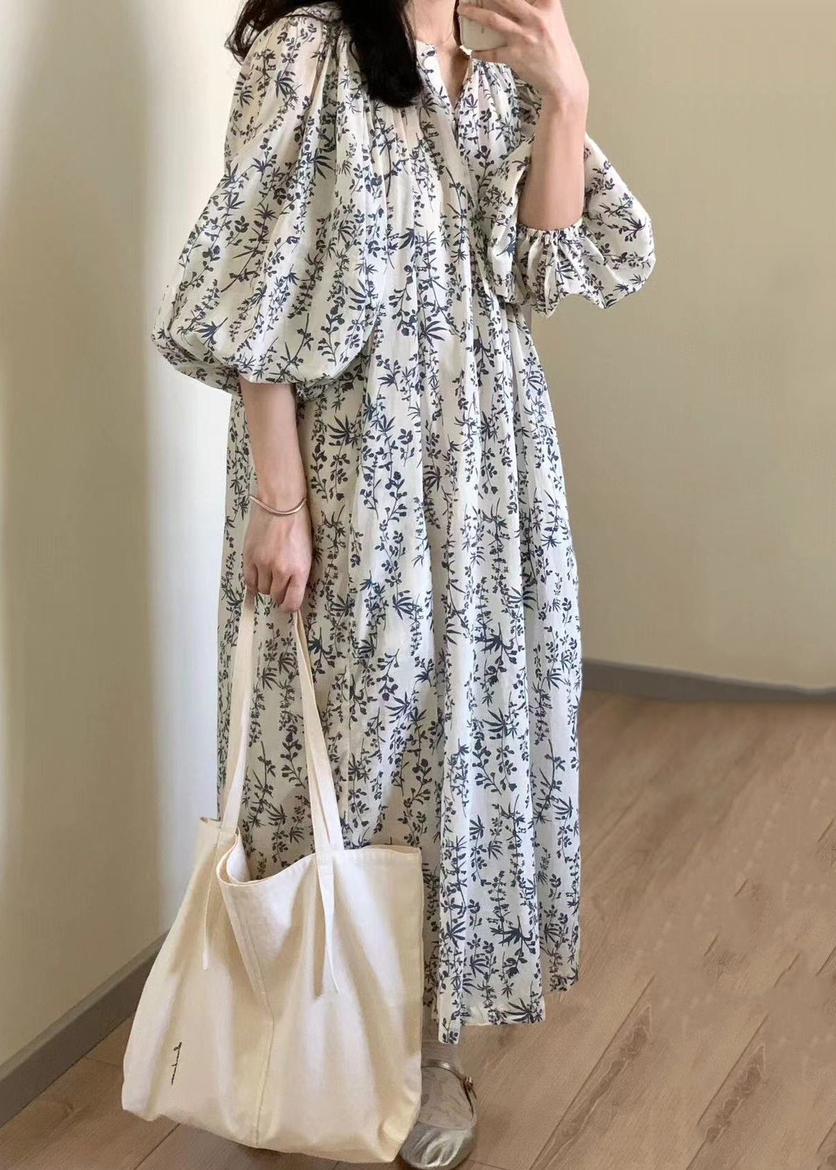 Button Print Tie Waist Cotton Long Dress Summer