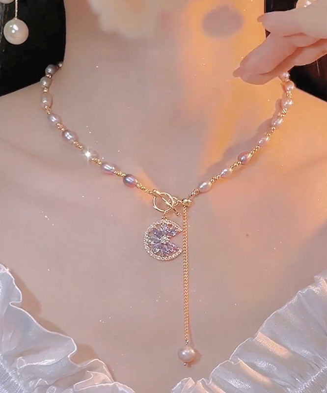Purple Sterling Silver Overgild Zircon Pearl Tassel Lariat Necklace