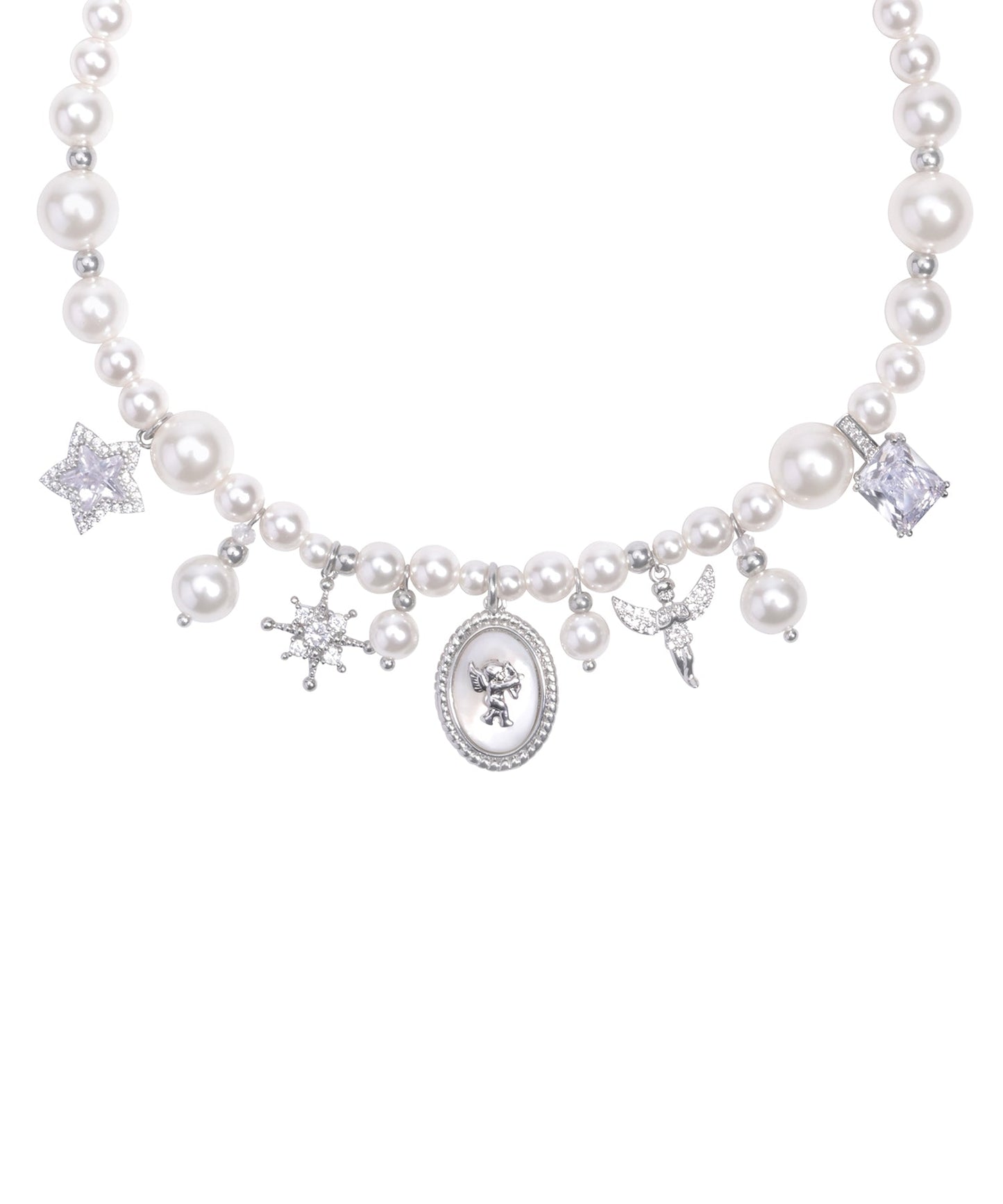 Stylish Pearl Angel Zircon Silver Plated Pendant Choker