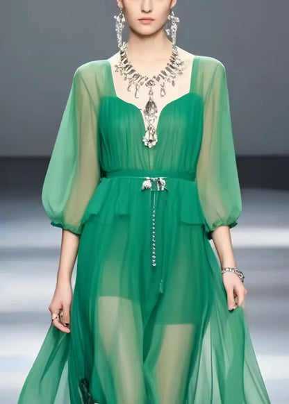Modern Tea Green Print Chiffon Long Dress Bracelet Sleeve