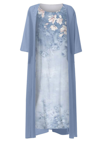 New White Print Chiffon Cardigans Dresses Two Pieces Set Summer