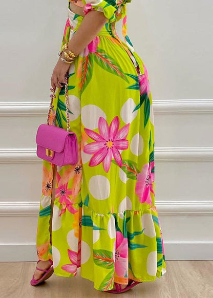 Green Print Hollow Out Side Open Cotton Long Dress Summer