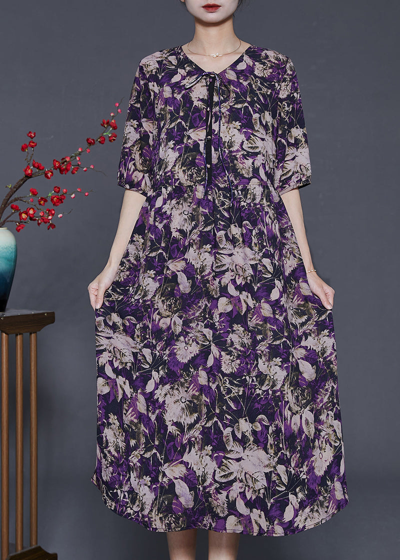 Unique Purple Print Bow Silk Holiday Dress Summer