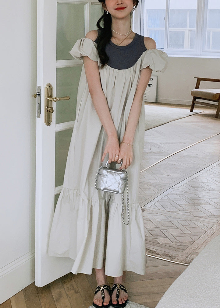 New Off the Shoulder Puff Sleeve Wrinkled Patchwork Cotton Dress