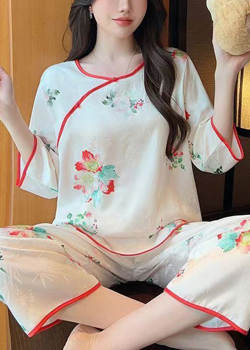White Print Tops and Crop Pants Ice Silk Pajamas Two-piece Set Summer